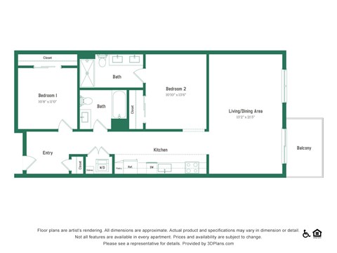 Floor plan for 2 beds, 2 baths, 1005 sqft